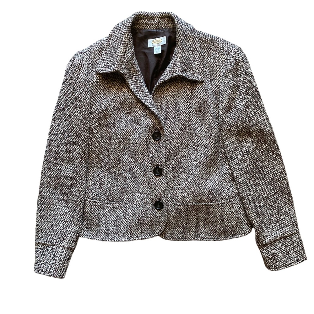 Talbots Tweed Button Front Jacket Blazer Wool Blend Size 14 Petite